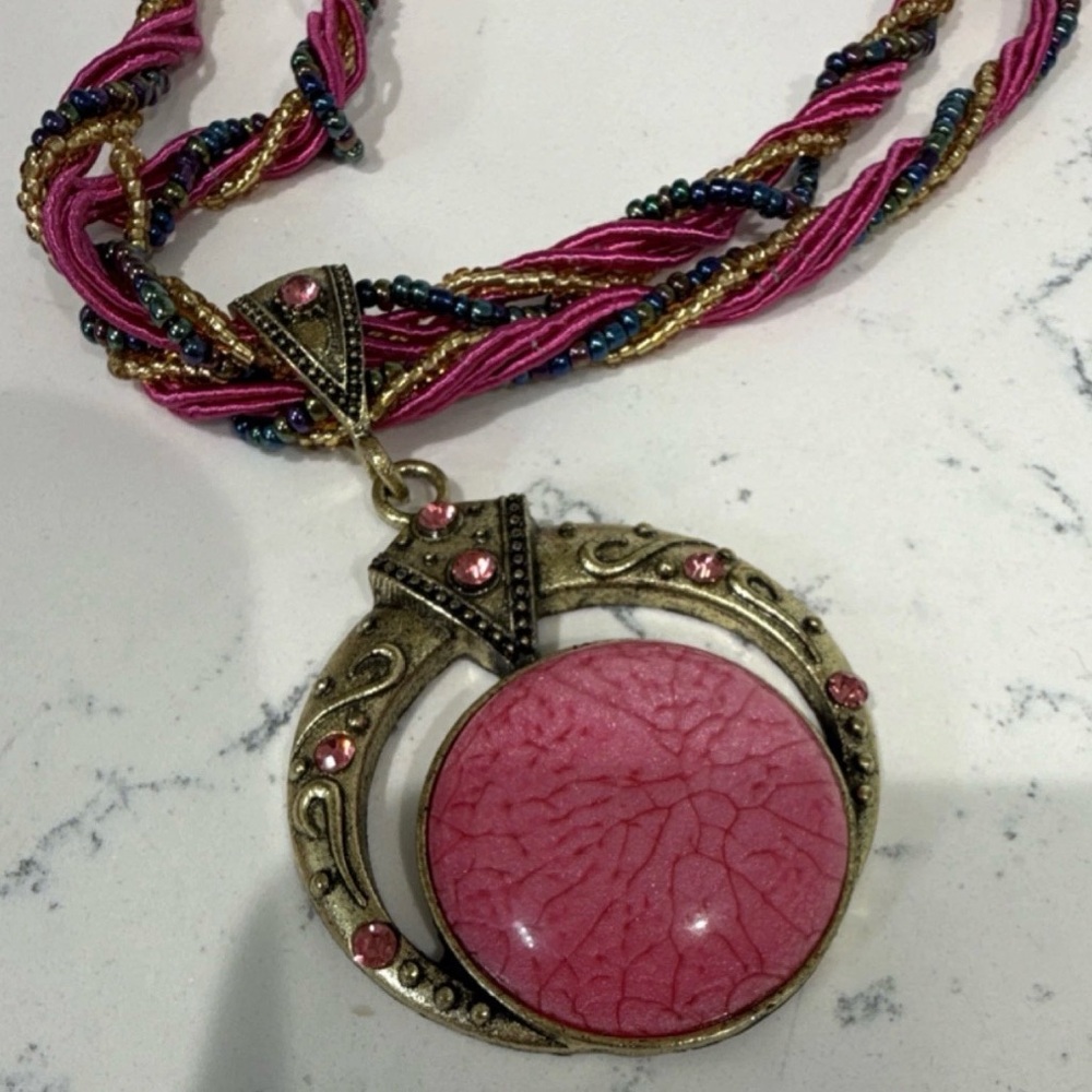 Multicolor Braided Necklace with‎ Pink Round Pendant and Gold, 18 in